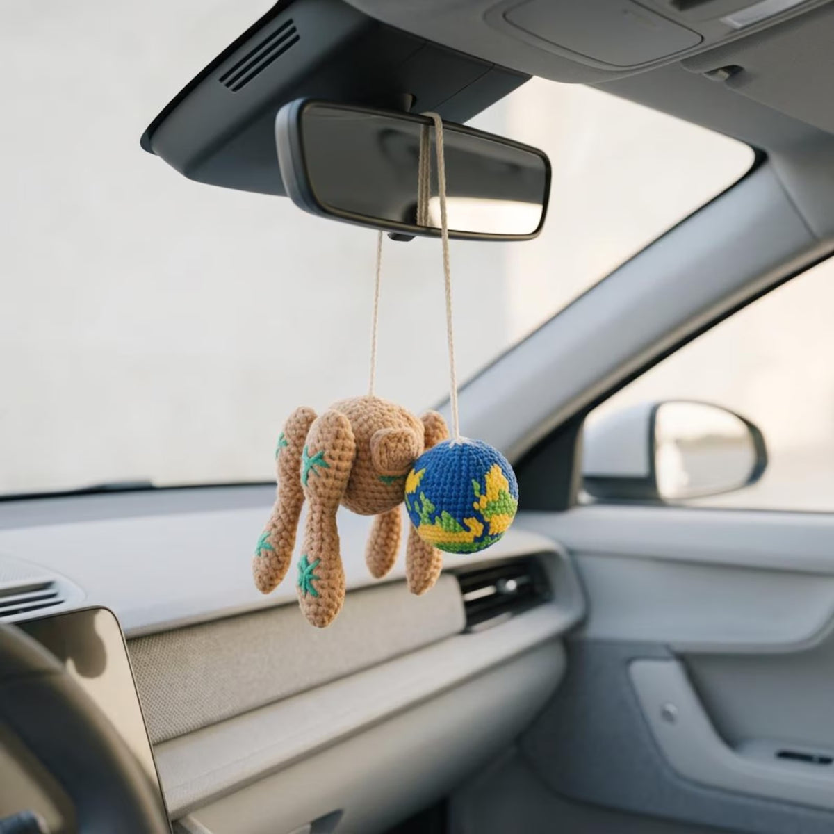 Handmade Crochet Rocky & Earth Globe Car Charm, Nerd Fandom Gift, Wanderlust Road Trip Car Hanging Ornament
