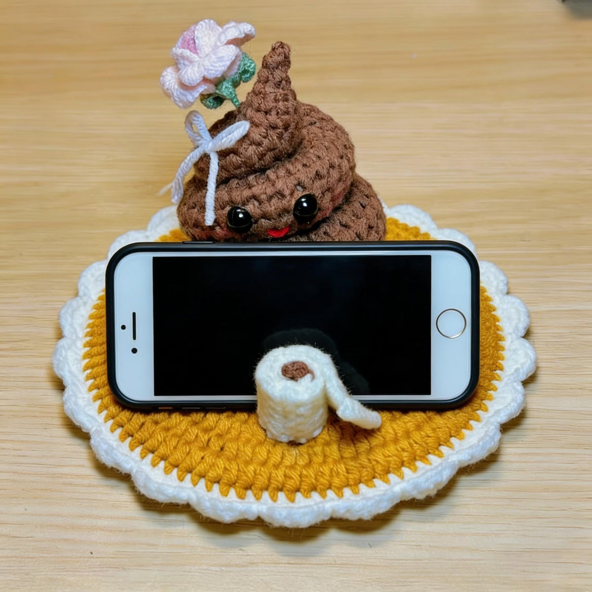 Funny Crochet Phone Holder, Toilet Paper Poop Desk Stand, Handmade Quirky Phone Stand, Bathroom Humor Desk Decor, Gag Gi