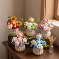 Hand Crochet Mixed Bloom Pumpkin Pot Flower, No Wilt Artificial Crochet Potted Plant, Teacher Appreciation & Birthday Mi