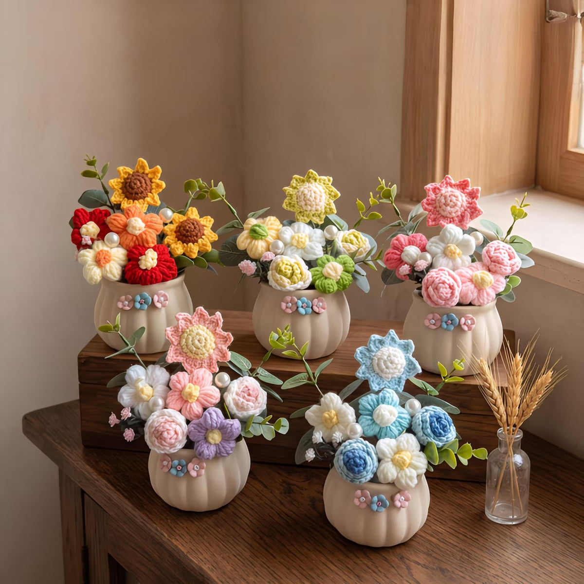 Hand Crochet Mixed Bloom Pumpkin Pot Flower, No Wilt Artificial Crochet Potted Plant, Teacher Appreciation & Birthday Mi