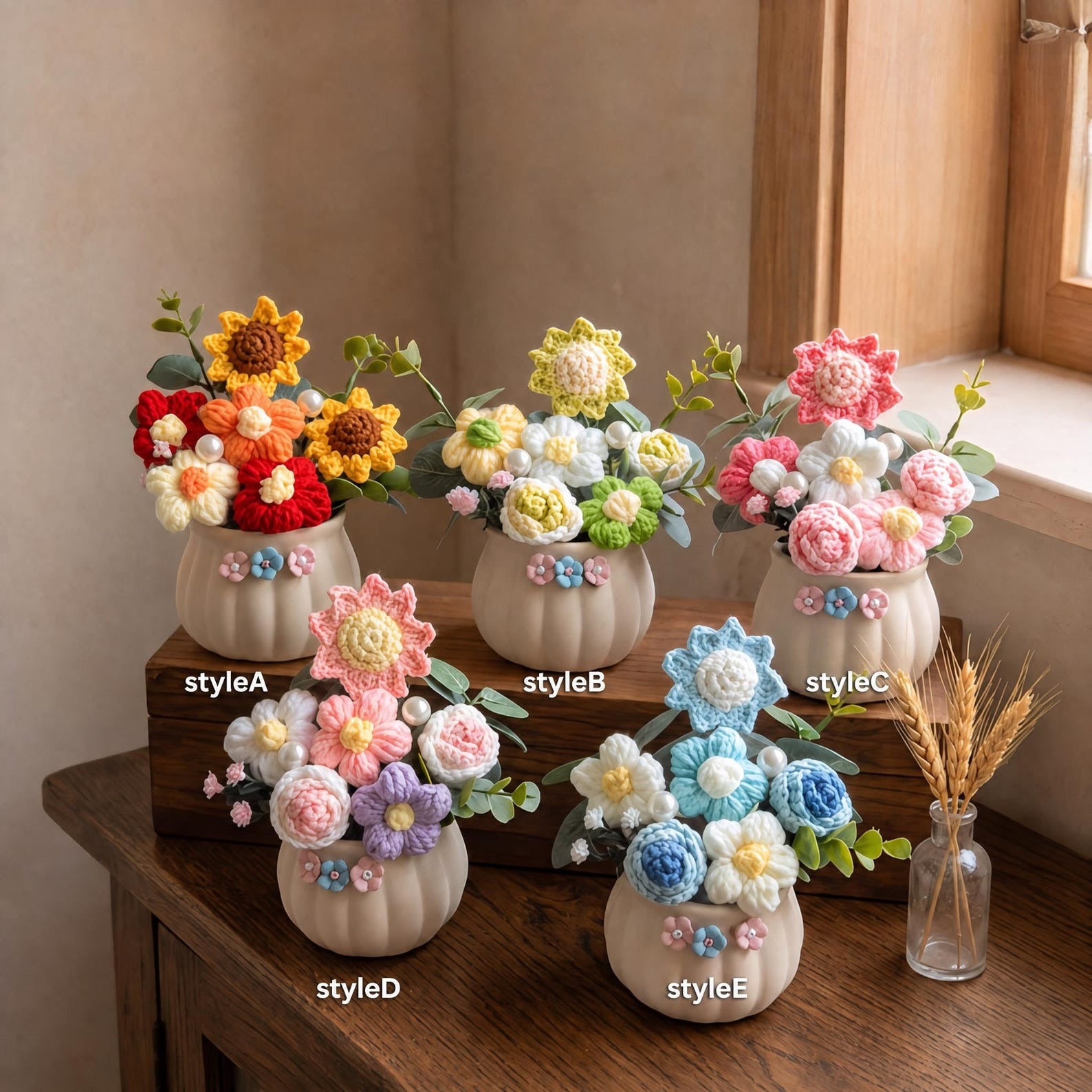 Assorted Crochet Mini Flower, Everlasting Yarn Flower Tabletop Ornament, Ready To Gift Small Sentimental Gift