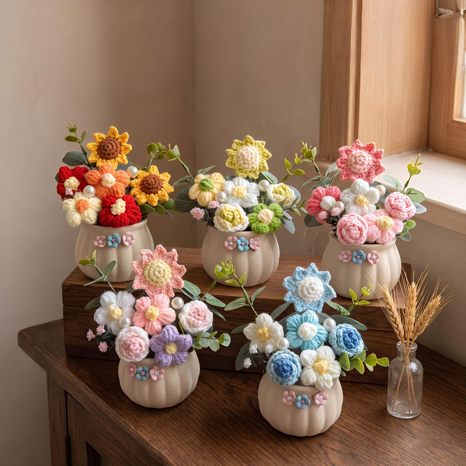 Assorted Crochet Mini Flower, Everlasting Yarn Flower Tabletop Ornament, Ready To Gift Small Sentimental Gift