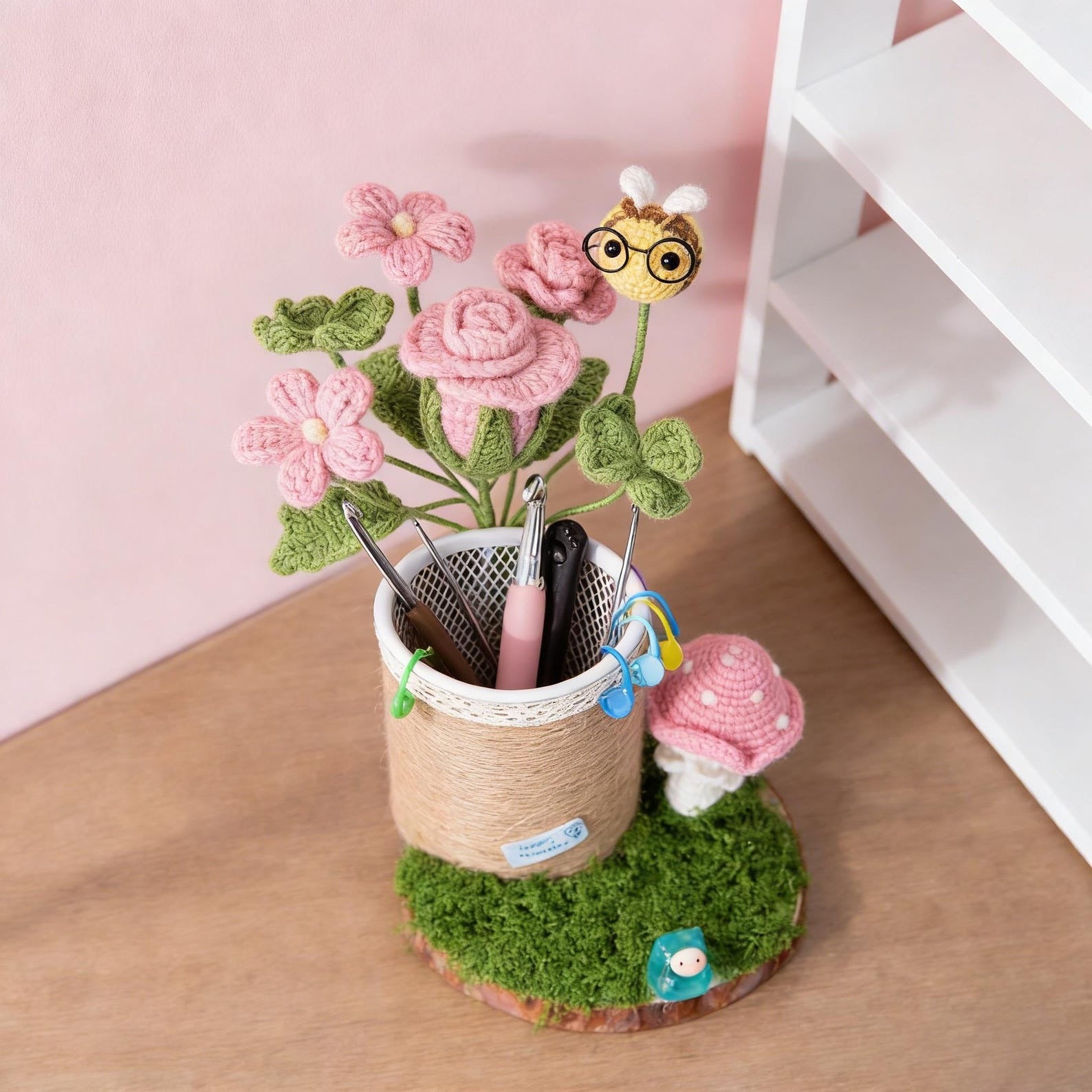 Crocheted Rose Pen Holder and Phone Stand, Desk Organizer, Back to School Gift
