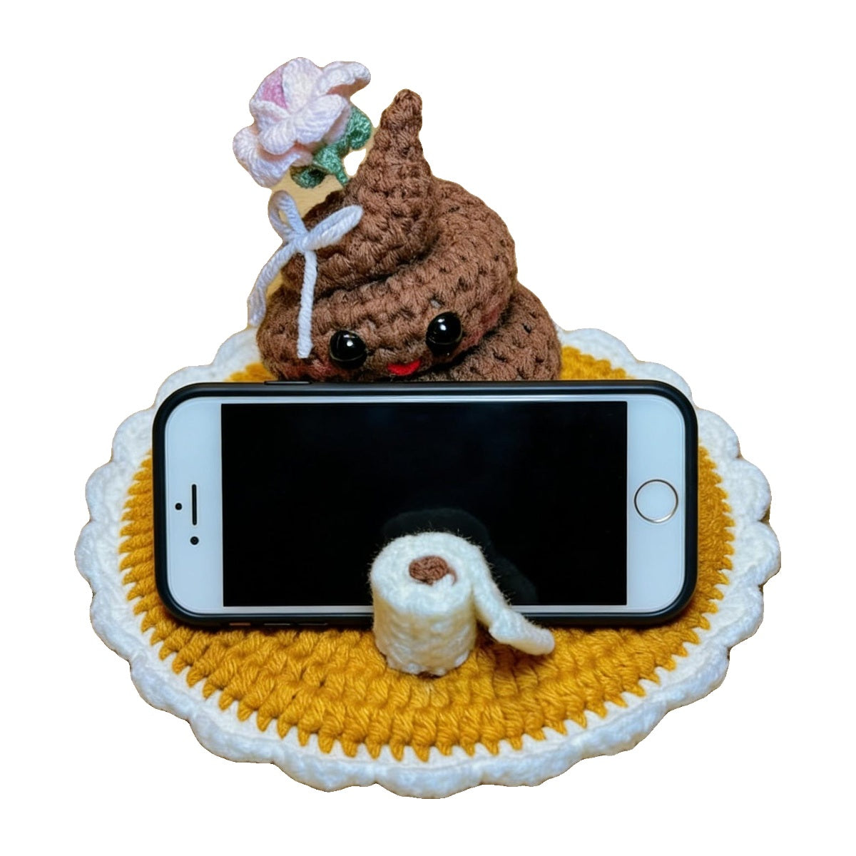 Funny Crochet Phone Holder, Toilet Paper Poop Desk Stand, Handmade Quirky Phone Stand, Bathroom Humor Desk Decor, Gag Gi - white background main image