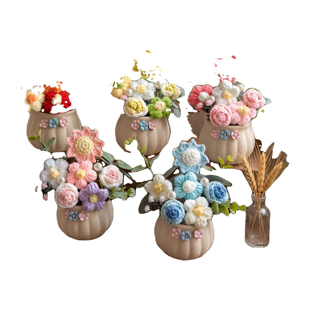 Hand Crochet Mixed Bloom Pumpkin Pot Flower, No Wilt Artificial Crochet Potted Plant, Teacher Appreciation & Birthday Mi - white background main image